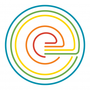 Red, orange, yellow, green and blue lines form an "e", the logo of the Pacific Museum of Earth.